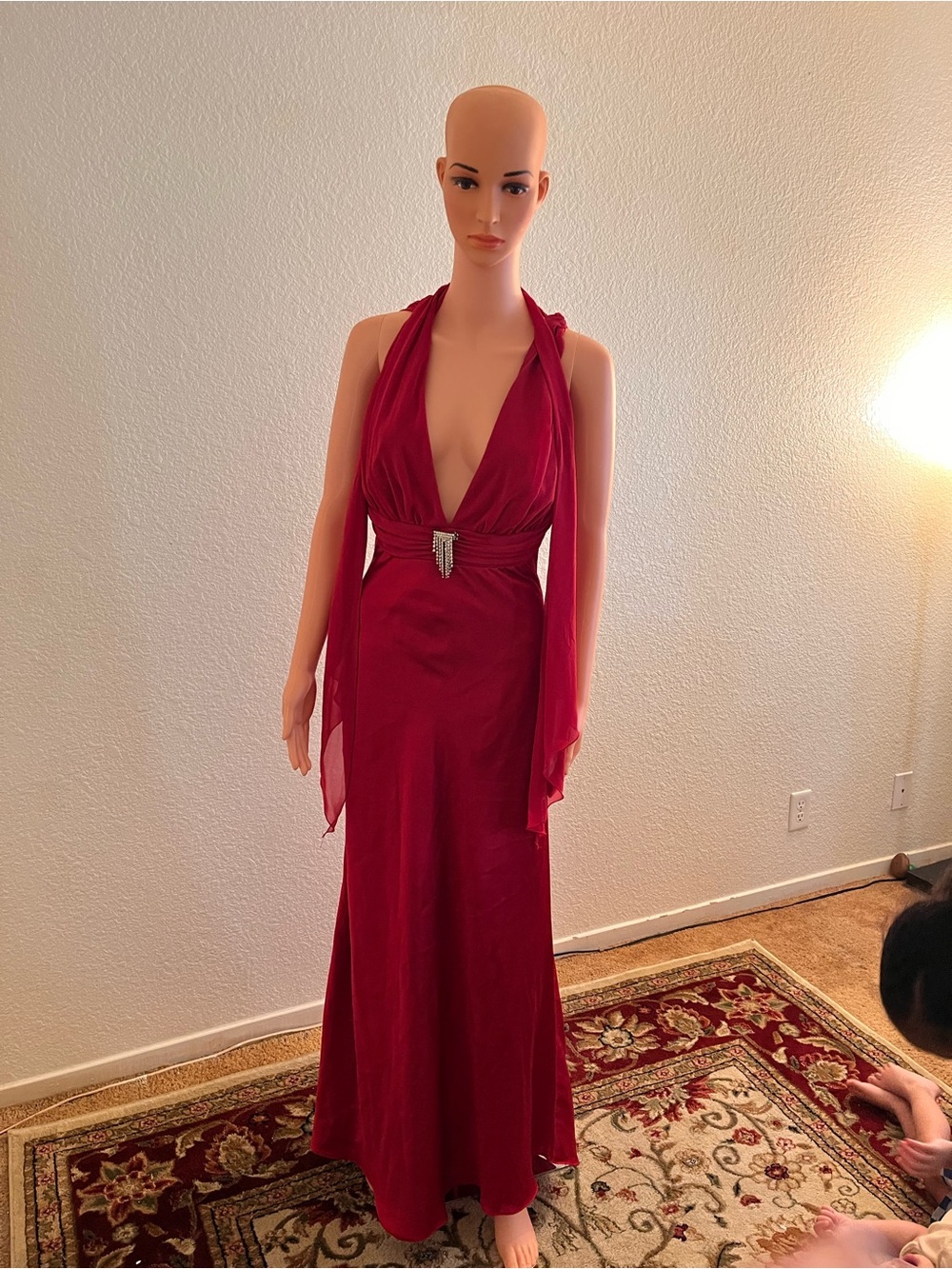Xscape Red Halter Prom Gown with Rhinestone Waist Accent